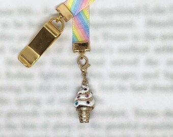 Ice Cream Cone Bookmark - Special clip attaches to cover, ribbon marks your page. Never lose your bookmark again!