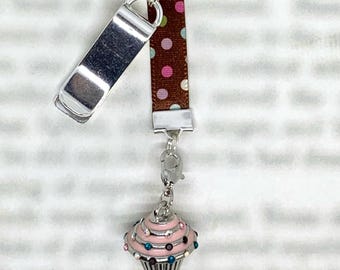 Cupcake Baker Attachable Bookmark - Special clip attaches to cover, ribbon marks your page, never lose your bookmark again!