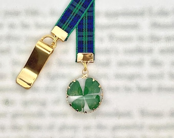 Four Leaf Lucky Clover Attachable Bookmark - Special clip attaches to cover, ribbon marks your page, never lose your bookmark