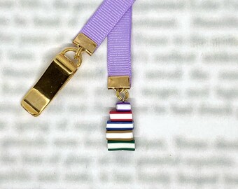 Stack of Books Booklovers Bookmark -Special clip attaches to cover, light violet ribbon marks your page. Never lose your bookmark again!