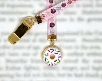 Donut Bookmark - Attachable Bookmark with Special clip attaches to book cover, ribbon marks your page. Never lose your bookmark again!
