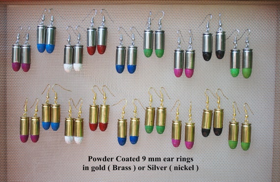 Powder Coated 9 Mm Bullet Ear Rings in Several Colors 