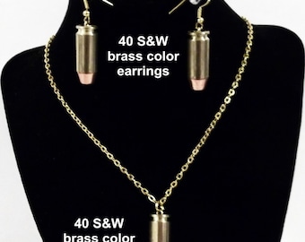 Real 40 S&W bullet ( 10 mm ) Earrings and/or Necklace in Brass or Nickle color