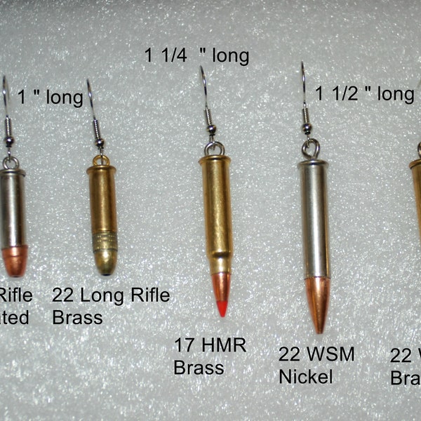 22 caliber bullet ear rings, necklace or zipper pull