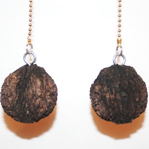 May include: A pair of earrings made from dark brown walnut shells with a gold chain and silver hook.