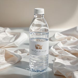 May include: A clear plastic water bottle with a white cap and a label featuring a basket illustration and the text "thank you for coming." The bottle is filled with water and sits on a white surface with white fabric.