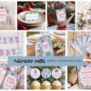 Puede incluir: Un collage de decoraciones de despedida de soltera con temática de ballet Cascanueces. Incluye un letrero de bienvenida, una pancarta, tarjetas de mesa, etiquetas de agradecimiento, juegos, adornos para cupcakes y un letrero de barra de mimosa. La combinación de colores es azul claro, rosa y blanco.