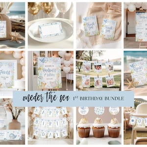 May include: A collection of party decorations with an "Under the Sea" theme. Includes invitations, banners, cupcake toppers, and a high chair banner. The color scheme is light blue, beige, and gold, with sea creature illustrations. Perfect for a first birthday celebration.