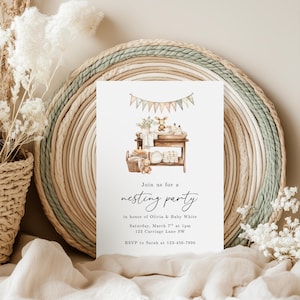 Inbjudningsmall för bohemiskt skogskalas, könsneutral inbjudan till Prep The Nest, välsigna boet-fest, bohemisk babyshower i skogsmiljö B-007