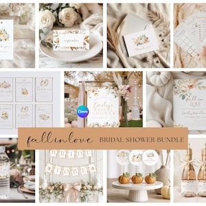 May include: A collage of bridal shower decorations with a fall theme. Includes invitations, signage, place cards, and bottle labels. The color palette features soft creams, oranges, and greens, with floral and pumpkin motifs. The text "fall in love" is displayed.