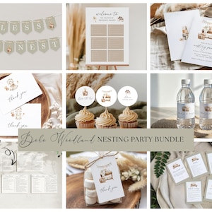 Puede incluir: Una colección de decoraciones y papelería para baby shower. Incluye una pancarta que dice "Bless the Nest", invitaciones, tarjetas de agradecimiento, adornos para cupcakes, etiquetas para botellas de agua y un letrero de bienvenida. El tema es "Boho Woodland Nesting Party".