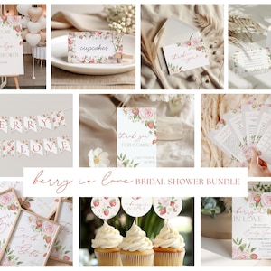 Peut inclure: Ensemble de décorations pour une fête prénuptiale sur le thème des baies et des fleurs. Comprend une pancarte de bienvenue, une bannière, des cartes, des décorations de cupcakes et des cartes de jeu. Le code couleur est rose clair, blanc et vert.
