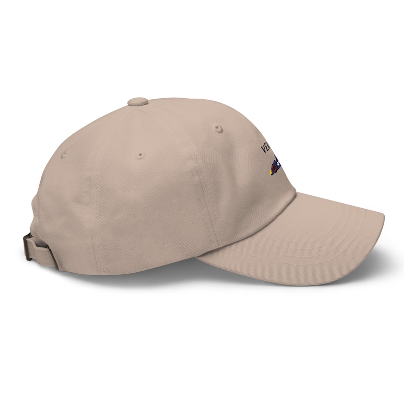 May include: A tan baseball cap with a curved brim. The cap has an adjustable strap in the back and a small embroidered design on the front. The text "VET" is visible on the cap.