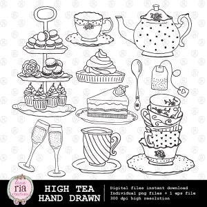 High tea, afternoon tea time, teapot teacups cake handdrawn hand drawn doodles bundle png clipart for stickers, planner, coloring, digital s