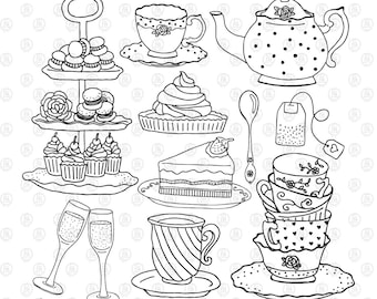 May include: Black and white hand-drawn illustrations of high tea elements, including a teapot, teacups, teacups stacked on a saucer, a tiered cake stand with cupcakes, macarons, and a pie, a slice of cake, a spoon, and two champagne flutes.