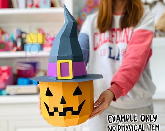 Halloween big pumpkin head, witch hat treat box 3d paper craft digital download cut files, SVG template for Cricut, DIY fall craft idea