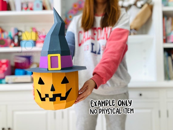 Halloween big pumpkin head, witch hat treat box 3d paper craft digital download cut files, SVG template for Cricut, DIY fall craft idea