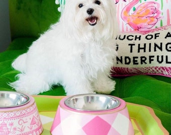 Pink plaid pet bowl chinoiserie pet bowl dog bowl cat bowl Buffalo plaid design pink pet feeding bowls hand painted bowl preppy pet bowl
