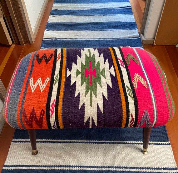 Vintage Kilim Ottoman Bench, Boho Frazada Cushion, MCM Legs