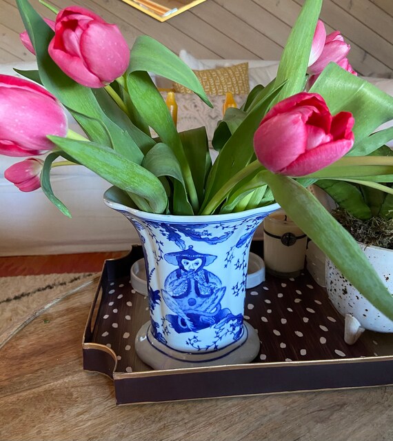 Vintage Chinoiserie Monkey Vase Blue and White Chinoiserie Etsy