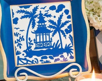 Chinoiserie Tray trinket tray pagoda print tray willow tray Decorative Tray Coffee table Tray serving tray metal tray Asian tray jewelry