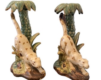 Vintage Majolica Leopard Palm Tree Candlestick Holders, Italian Pottery Pair