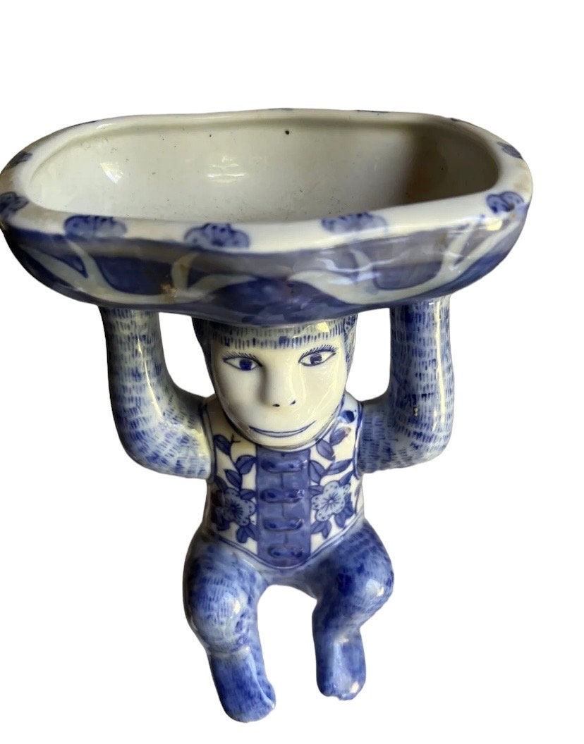 Vintage Chinoiserie Monkey Asian Ceramic Monkey Chinese Porcelain Monkey Figurine Catch all dish Blue and White Ceramic dish storage dish