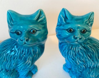 unoa 【Victorian cats Blue green】 Porcelain Cats Turquoise Blue Cat Figurines Ceramic Cat Figurines