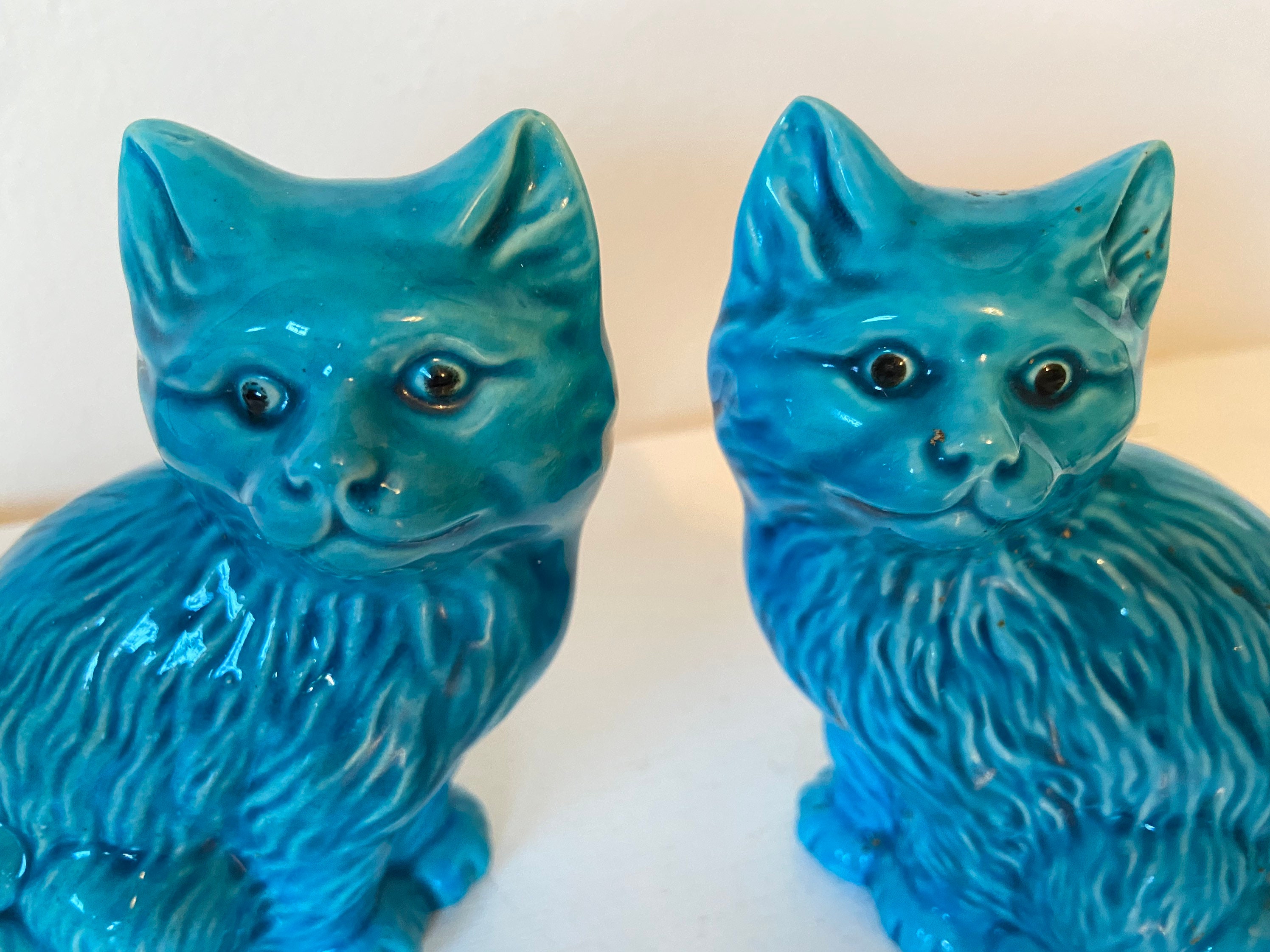 Porcelain Cats Turquoise Blue Cat Figurines Ceramic Cat
