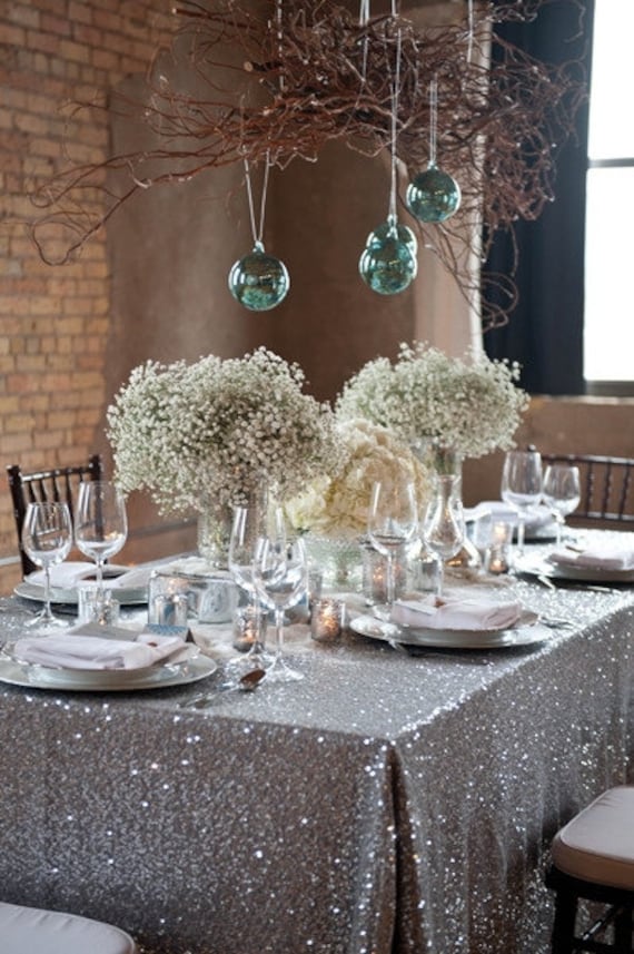 Silver Sequin Tablecloth 132 Round Metallic Silver Sequin Tablecloth 132 Round, Round Silver Sequin Tablecloth