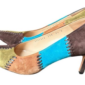 Salvatore Ferragamo Patchwork Suede Pumps 7.5 B Colorblock 90s Whipstitch Heels
