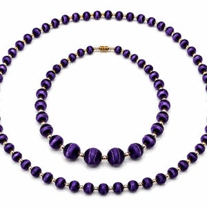 Vintage Satin Wrapped Purple Bead Necklace Set 18” & 30” Thread Wrap MCM Jewelry