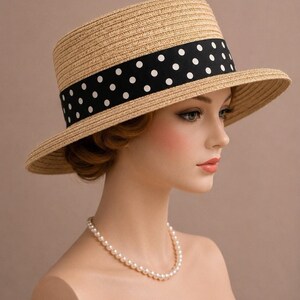 Handmade Cloche Straw Colored Polka Dot fun summer hat size - M Princess Polka Dot Bow Natural Floppy Wide Brim Straw Beach  main image 4