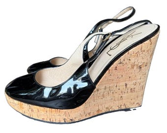 Yves Saint Laurent YSL Rive Gauche Cork Wedge Sandals Black Patent EU 39 US 8.5