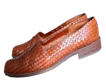 Vintage Mezlan Handwoven Leather Loafers - Made in Spain - Brown Artisan Shoes - Women’s 7.5 - Grandmacore - Quiet Luxury