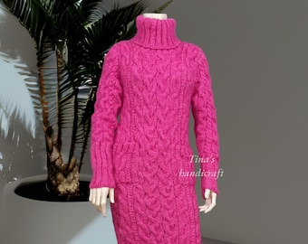 long knitting dress with braids & pockets sideways,winter clothing,gift ideas,warm dress,handmade item,mohair thread