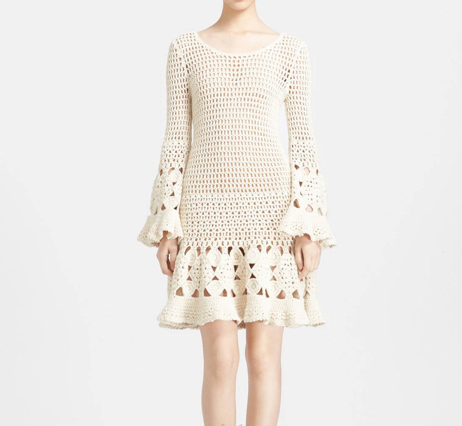 Longsleeve Crochet Dress With Wavy Finisheshandmade Item Etsy