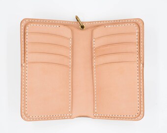 May include: A light brown leather wallet with multiple card slots and a snap closure. The wallet is open and empty.