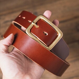 Brown English Bridle Leather Garrison Belt - 1.5 inch wide with solid brass buckle and teardrop holes - front view
