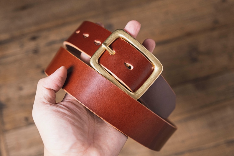Brown English Bridle Leather Garrison Belt - 1.5 inch wide with solid brass buckle and teardrop holes - front view