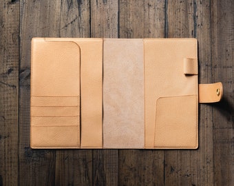 6 COULEURS - Couverture pour ordinateur portable en cuir grainé avec fermeture à pression naturelle A5/Hobonichi/Midori MD avec emplacements pour cartes