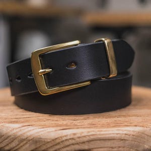 Black Vegetable-tanned Leather Standard Belt - front view with solid brass buckle and belt loop
