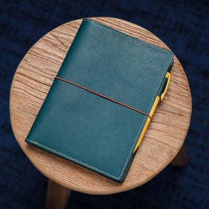 6 COULEURS - Housse pour ordinateur portable en cuir grainé bleu marine A5/Hobonichi/Midori MD