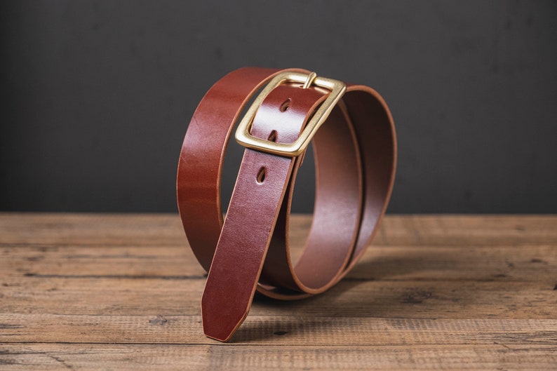 Brown English Bridle Leather Garrison Belt - 1.5 inch wide with solid brass buckle and teardrop holes and belt tip