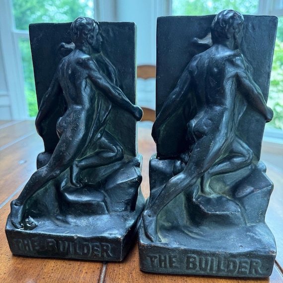 Beautiful Vintage Pair Bronze "The Builder" Bookends - by artist Julio Kilenyi -