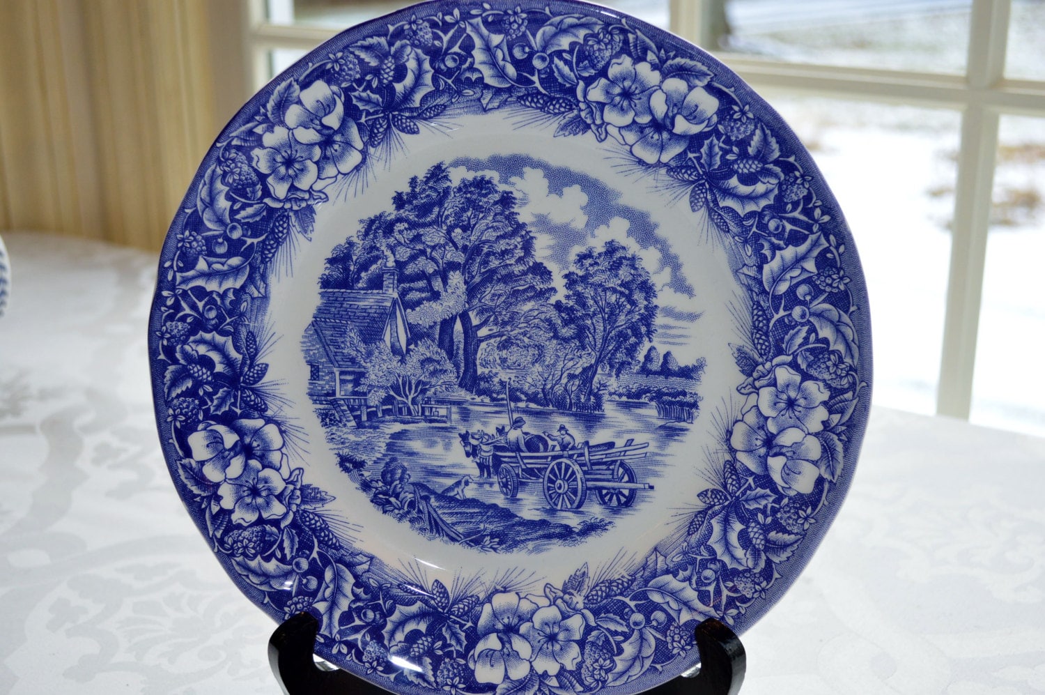 Quadrifoglio Ceramica Made in Italy Blue and White Farm Scene New Sale