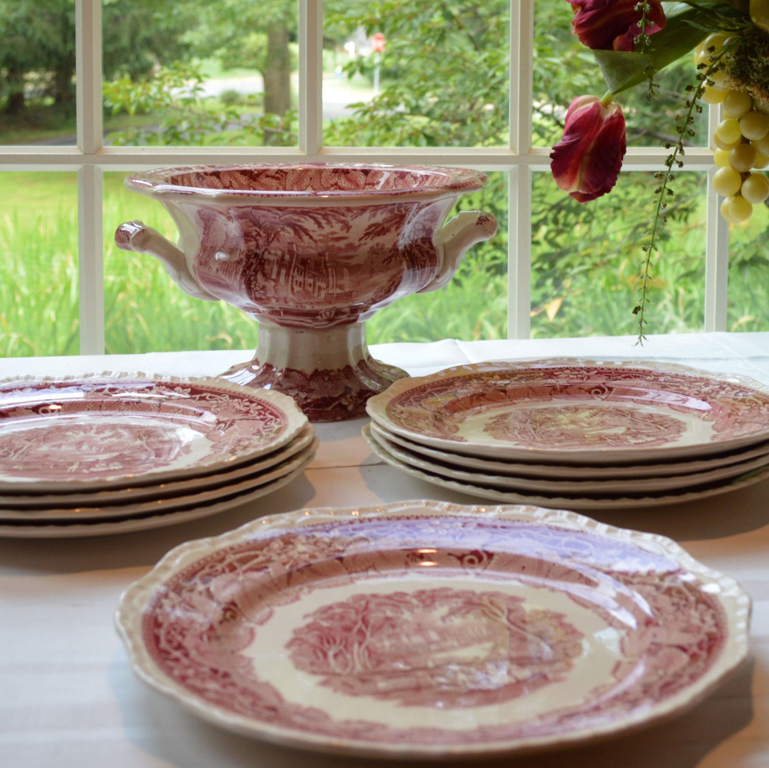 Vintage Mason's Vista Red Transferware Compote Salad Centerpiece Bowl