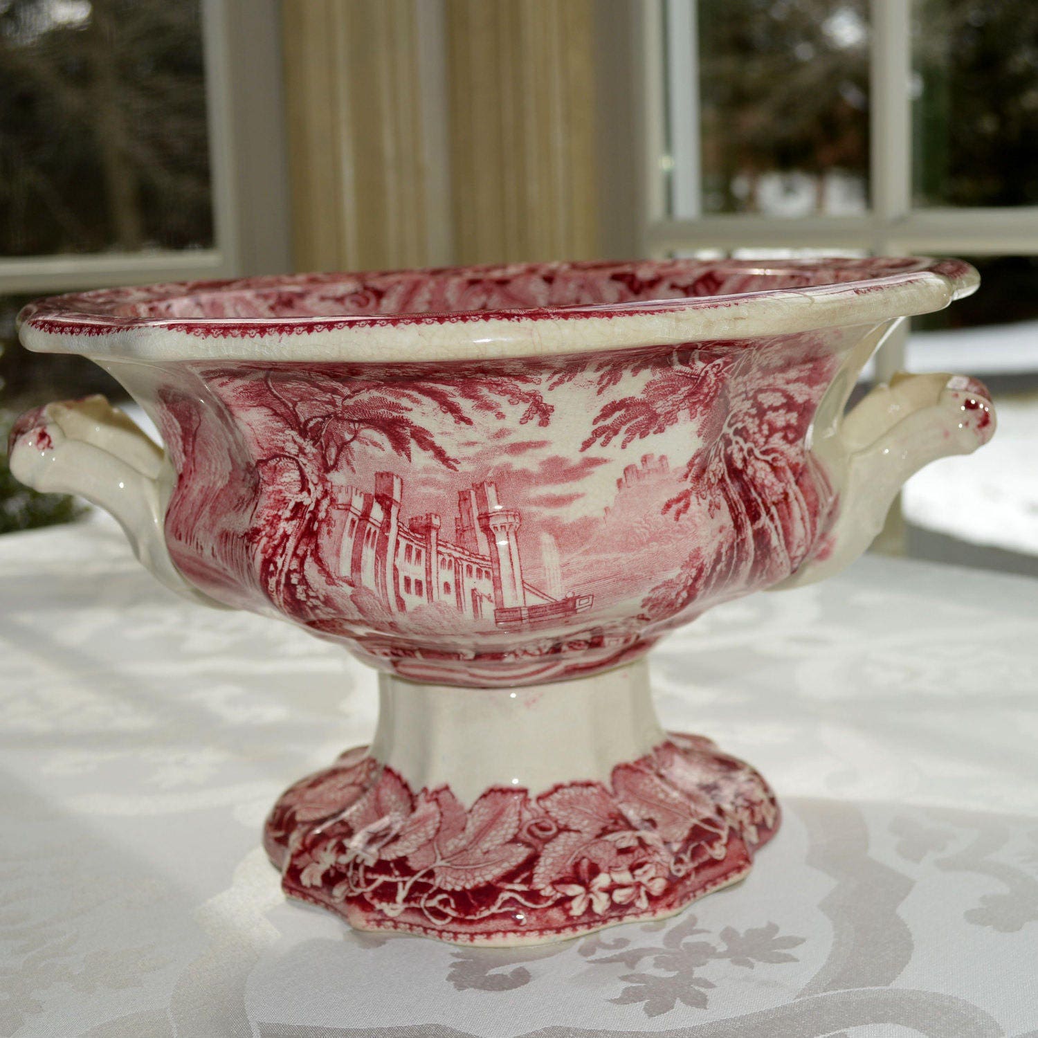 Vintage Mason's Vista Red Transferware Compote Salad Centerpiece Bowl