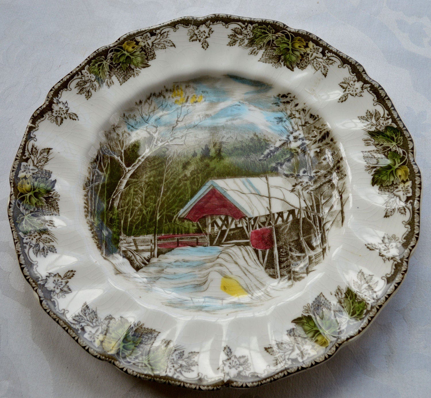 Set of Four Makes a Great Gift! Made in England - The Friendly Village Covered Brige Cup /& Biscuit Plate Vintage Johnson Bros