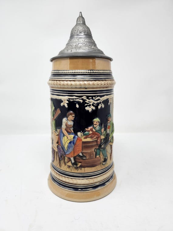 Manzi & Remy German Stein,  marked 1879 - 1964 #70 designed by Gustav Thinwiebel, pewter lid